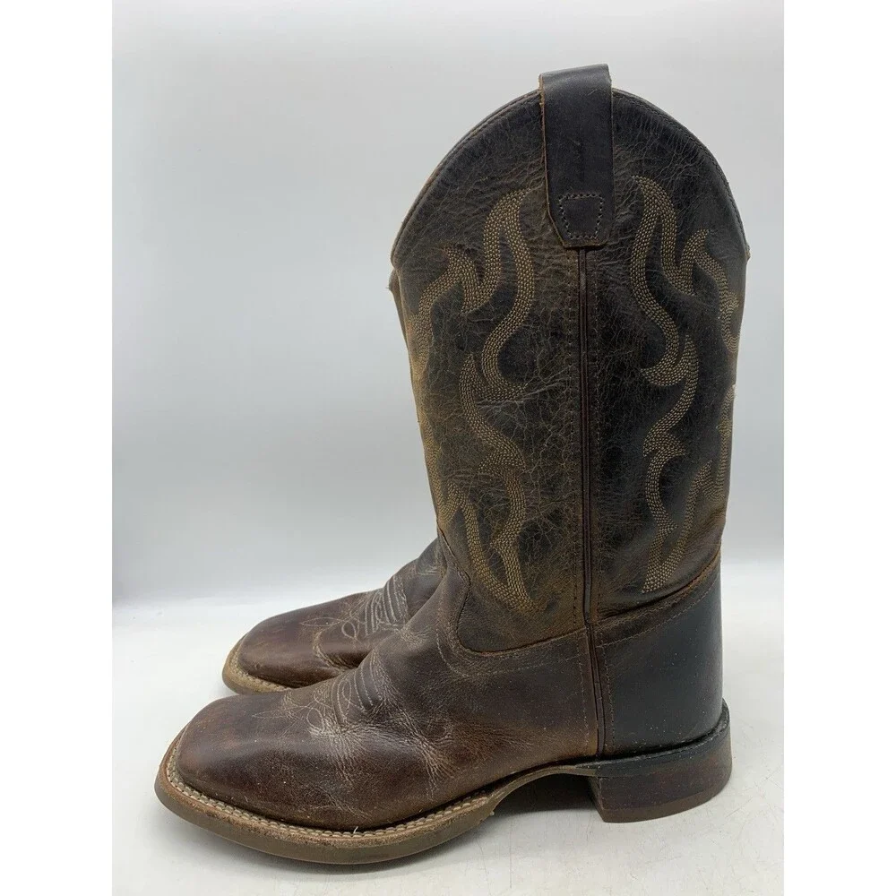 Old West Youth Cowboy Boots Brown Leather Square Toe Size 6.5 D Women’s Sz 8